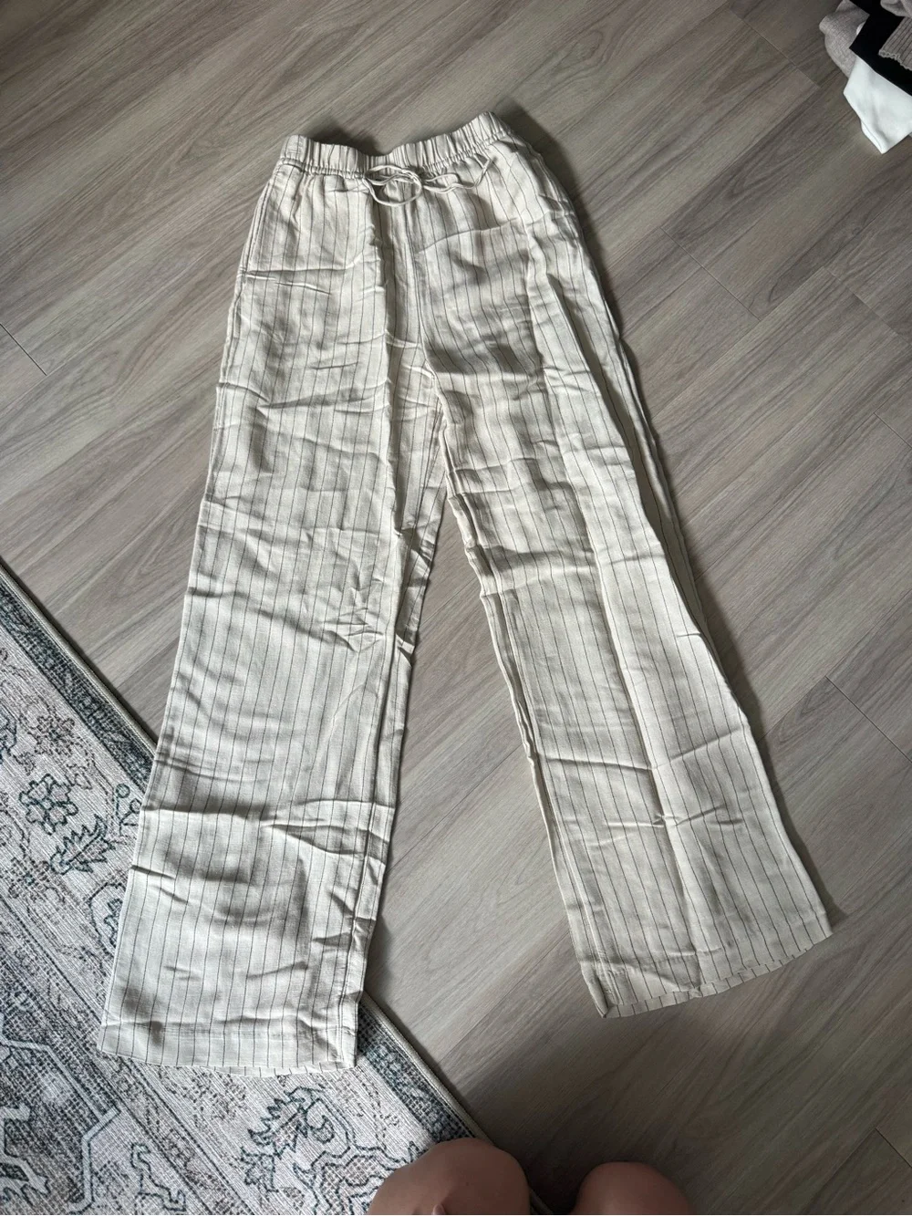 Light Cream Striped Wide-Leg Drawstring Linen Pants